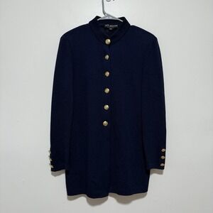 St. John Santana Knit Navy Blue Long Cardigan Sweater Jacket Gold Buttons